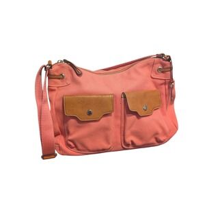Fossil‎ Coral Pink Canvas Tan Leather Trim Shoulder Bag Purse Handbag Key Fob